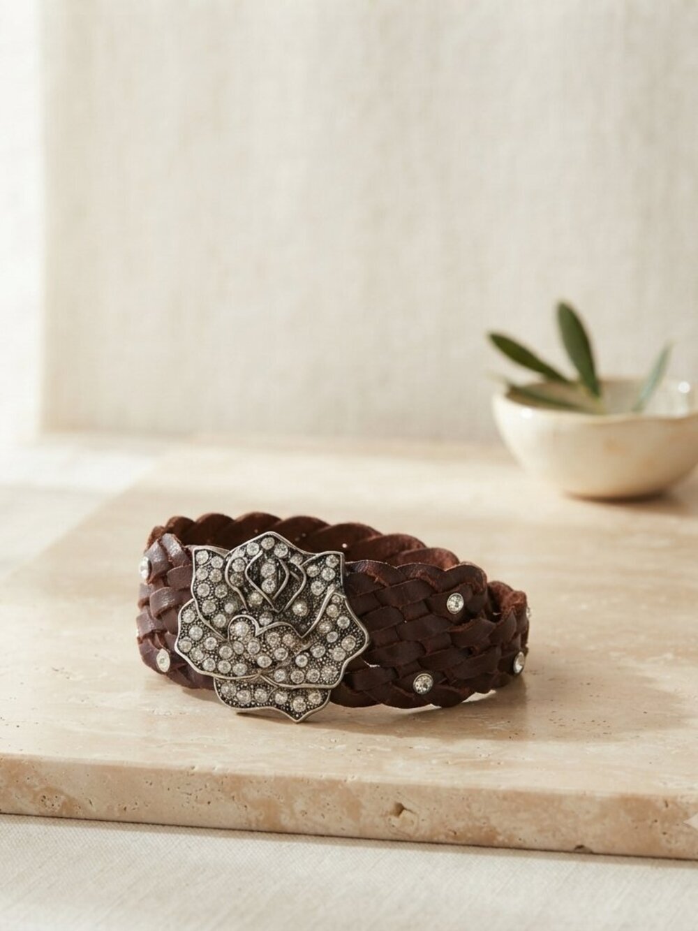 Woven Leather Cuff Bracelet Brown Silver Rose Crystal Buckle One Size